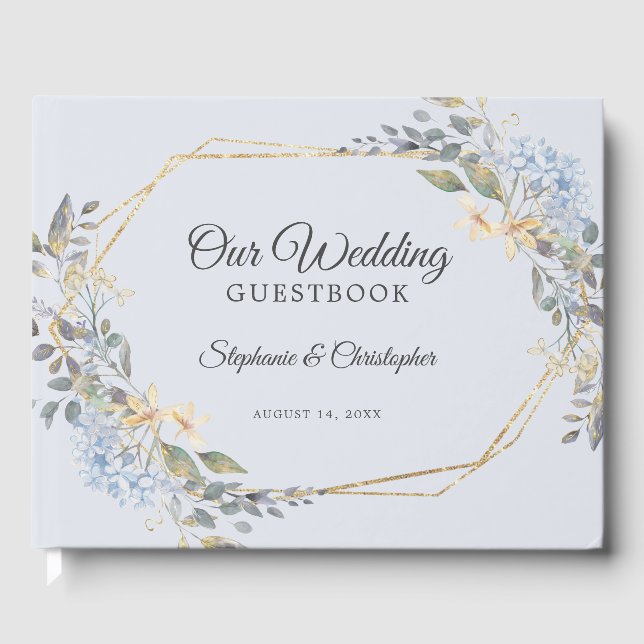 Gold Geometric Dusty Blue Florals Wedding Guest Book (Front)