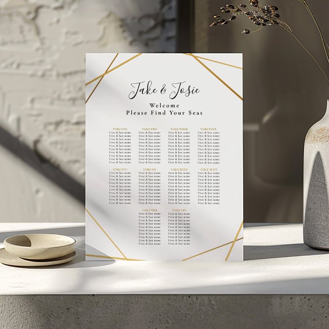 Gold geometric Elegant Wedding Seating Chart (Gold geometric border around a wedding reception seating arrangement guide. Bride and groom names.)