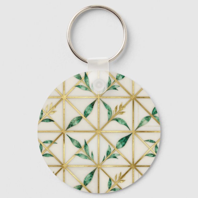 Gold Geometric Emerald Leaf Luxury Pattern Keychain (Front)
