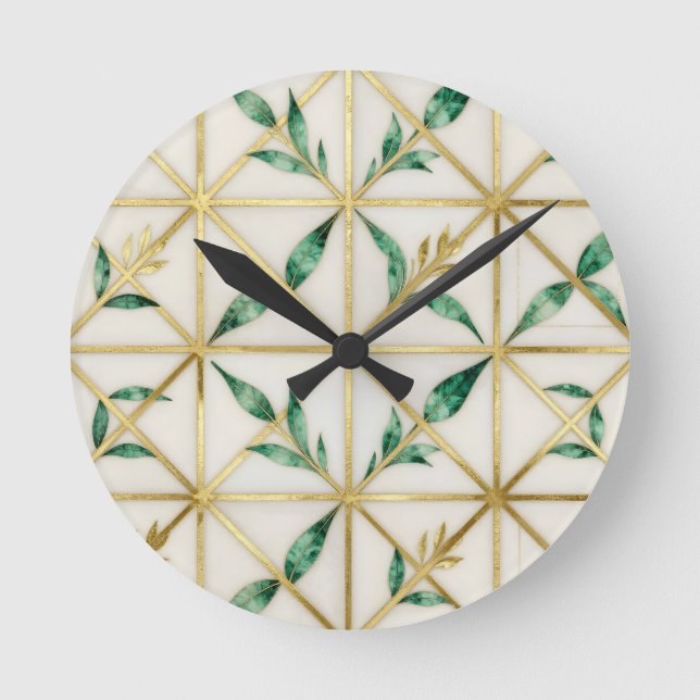 Gold Geometric Emerald Leaf Luxury Pattern Round Clock (Front)