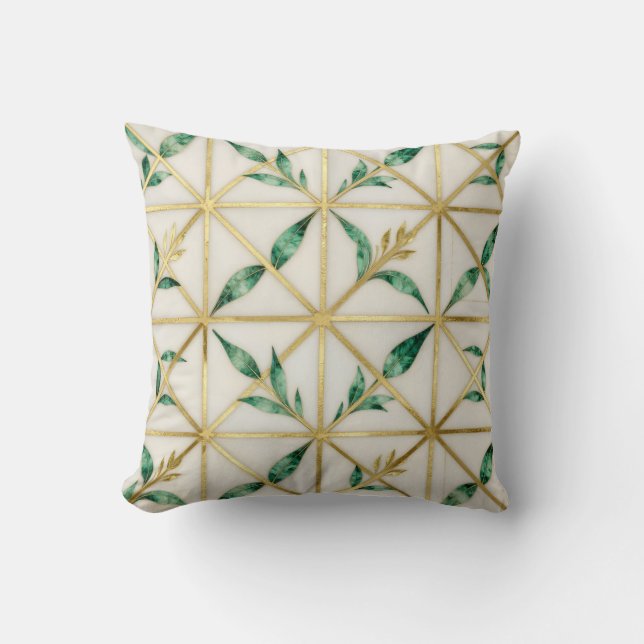 Gold Geometric Emerald Leaf Luxury Pattern Throw Pillow (Front)