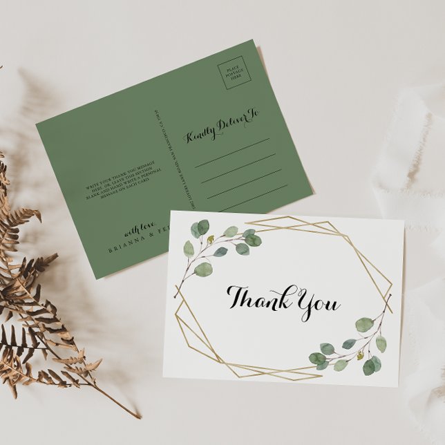 Gold Geometric Eucalyptus Calligraphy Thank You Postcard (Creator Uploaded)