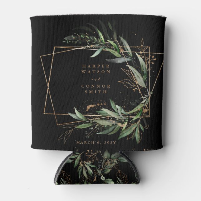 Gold Geometric Eucalyptus Elegant Black Wedding Can Cooler (Front)
