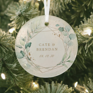 Gold Geometric Eucalyptus Greenery Newlywed Glass Ornament
