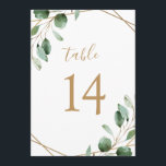 Gold Geometric Eucalyptus Greenery Table Numbers<br><div class="desc">Designed to coordinate with our Moody Greenery wedding collection, this customizable Table Numbers Card features watercolor sage green eucalyptus leaves accented with a gold geometric frame and paired with a stylish script and classy serif font in gold. To make advanced changes, go to "Click to customize further" option under Personalize...</div>