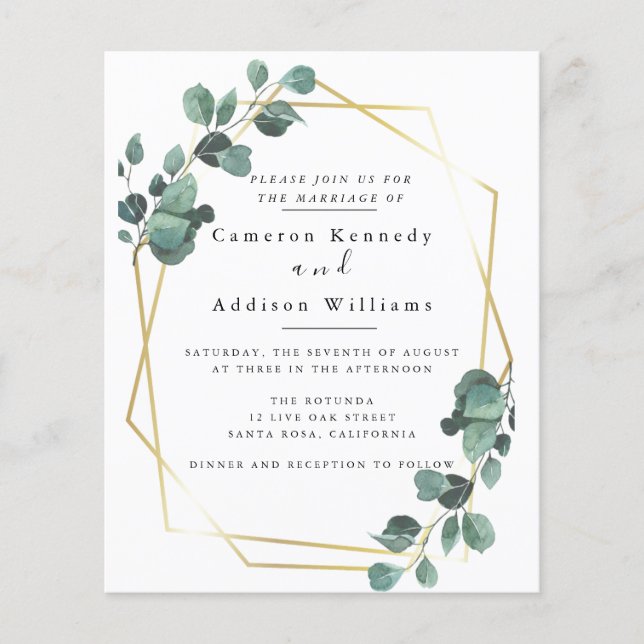 Gold Geometric, Eucalyptus Greenery Wedding Flyer (Front)
