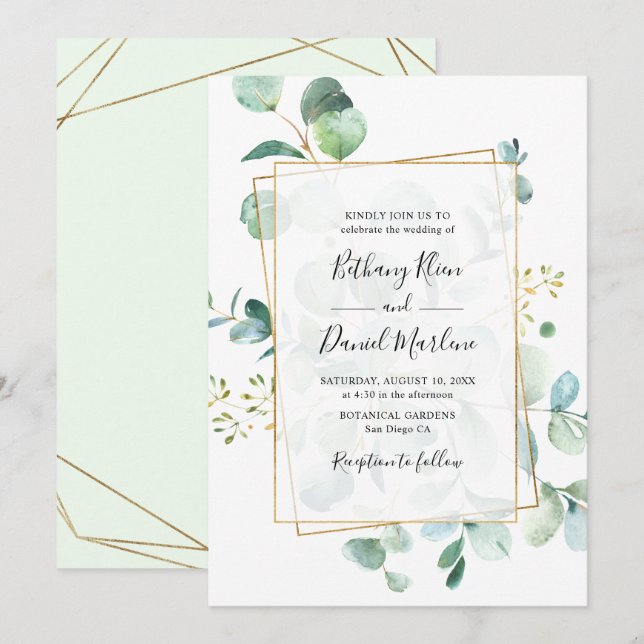 Gold Geometric Eucalyptus Greenery Wedding Invitation (Front/Back)