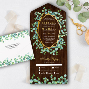 Gold Geometric Eucalyptus Leaves Wood Wedding All In One Invitation