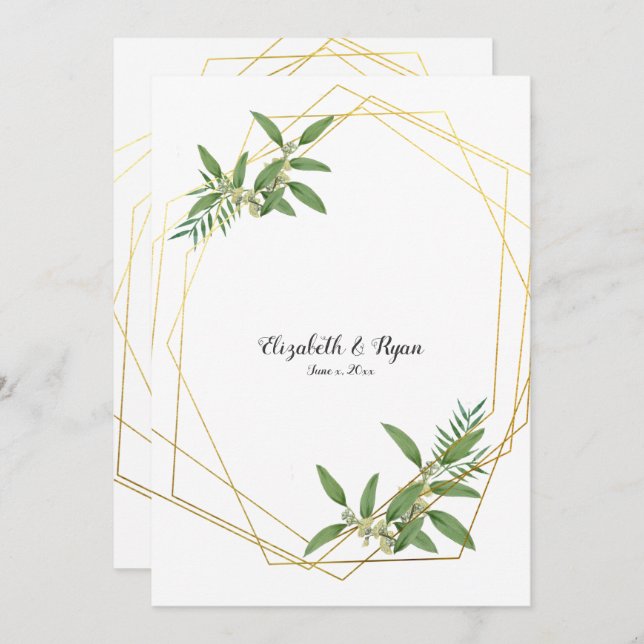 Gold Geometric Eucalyptus Leaves Woodland Invitation (Front/Back)