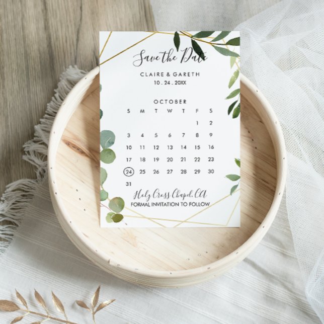 Gold Geometric Eucalyptus Save the Date Calendar (Creator Uploaded)