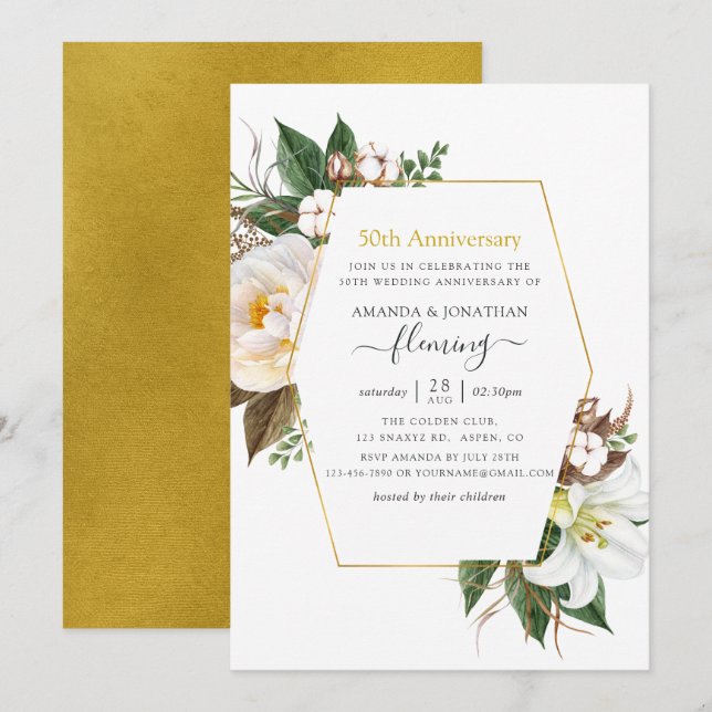 Gold Geometric Floral 50th Wedding Anniversary Invitation (Front/Back)