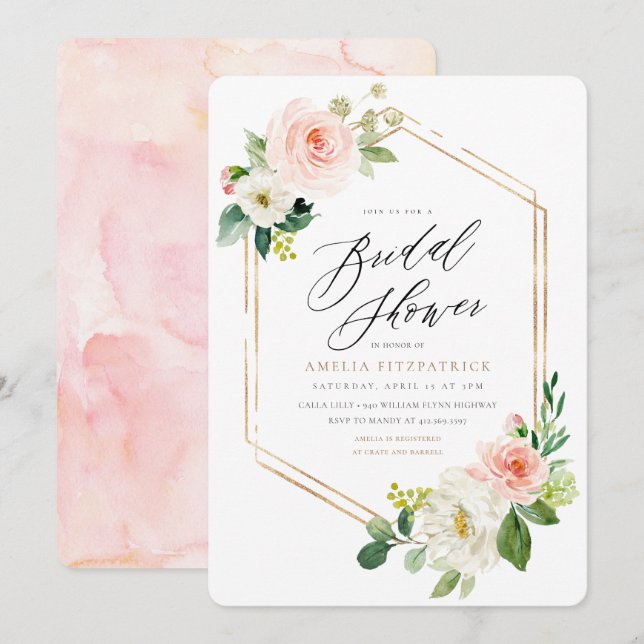 Gold Geometric Floral Bridal Shower Invitation (Front/Back)