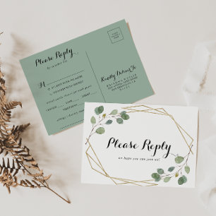 Gold Geometric Foliage Menu Choice RSVP Postcard