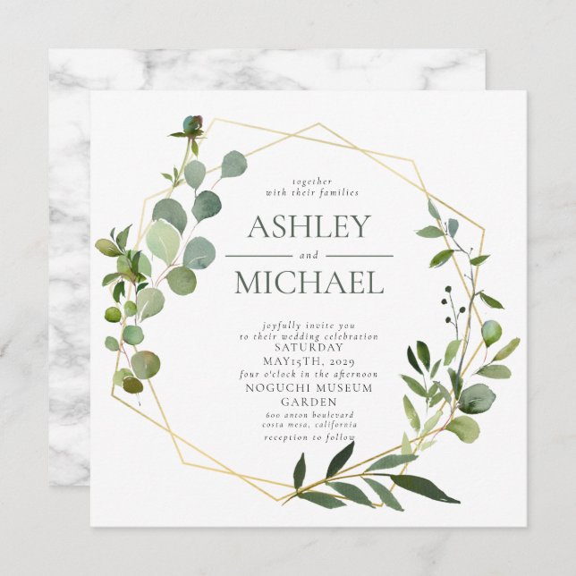 GOLD GEOMETRIC FOLIAGE Square Marble Wedding Invitation (Front/Back)