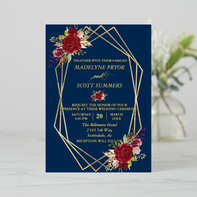 Gold Geometric Frame Burgundy Watercolor Flower  (Standing Front)