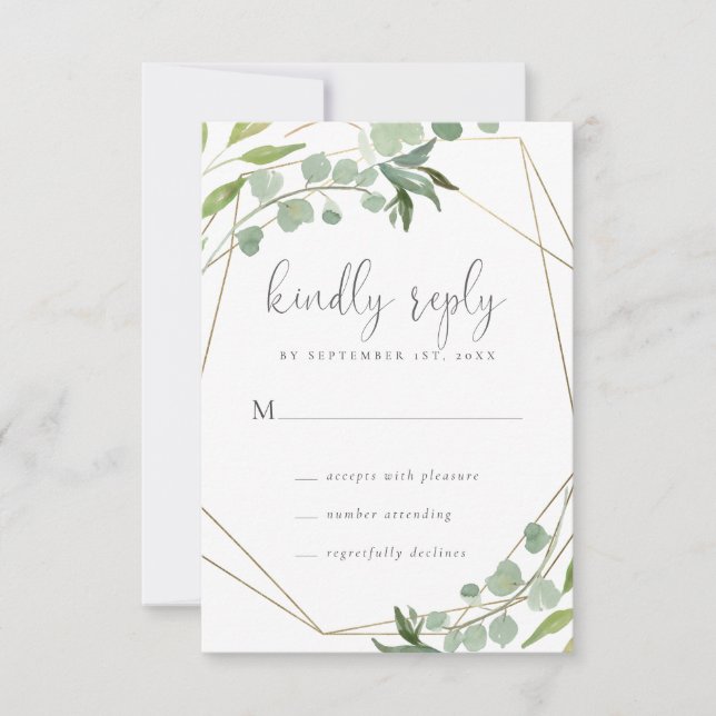 Gold Geometric Frame Eucalyptus Greenery Wedding RSVP Card (Front)