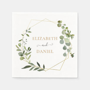 Gold Geometric Frame Greenery Leaves Personalized Napkin