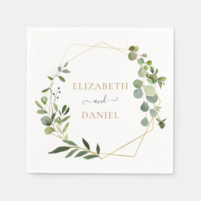 Gold Geometric Frame Greenery Leaves Personalized Napkin (Front)