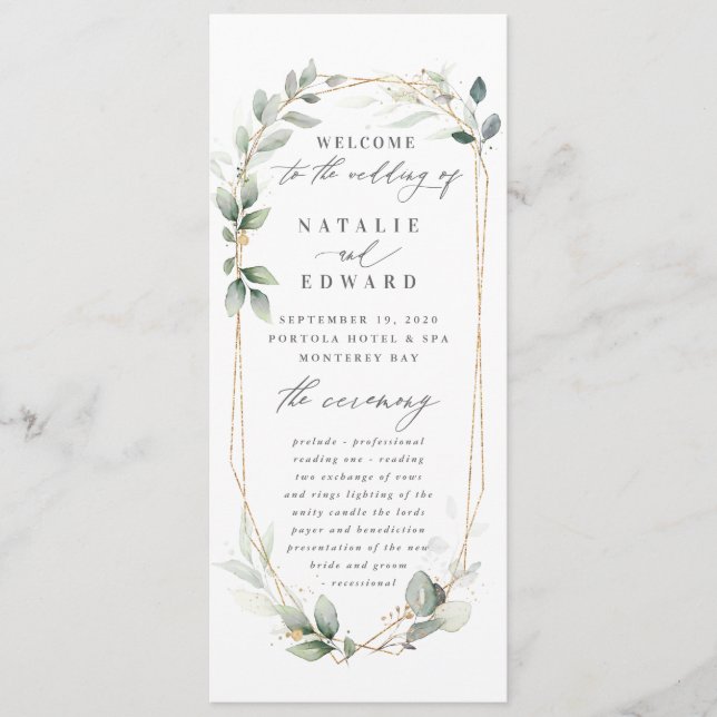 Gold geometric frame leafy wedding program (Front)