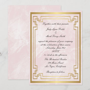 Gold Geometric Frame Pink Marble Wedding Invitation