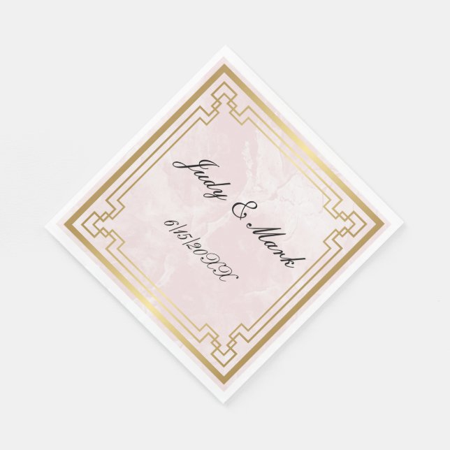 Gold Geometric Frame Pink Marble Wedding Paper Napkin (Corner)