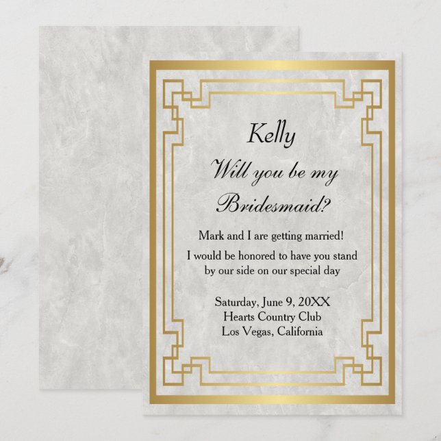 Gold Geometric Frame White Marble Bridesmaid Invitation (Front/Back)