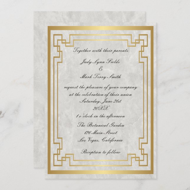 Gold Geometric Frame White Marble Wedding Invitation (Front/Back)