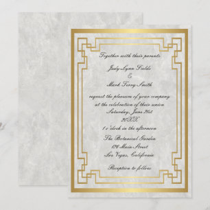 Gold Geometric Frame White Marble Wedding Invitation