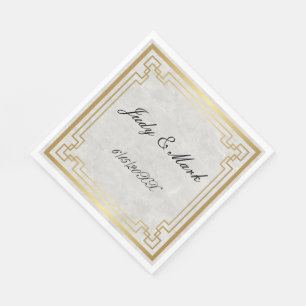 Gold Geometric Frame White Marble Wedding Paper Napkin