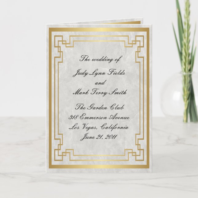 Gold Geometric Frame White Marble Wedding Program (Front)