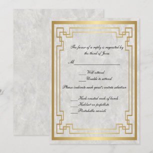 Gold Geometric Frame White Marble Wedding RSVP Invitation