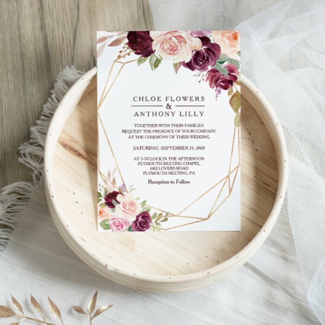 Gold Geometric Green Blush Burgundy Floral Wedding Invitation (Creator Uploaded)