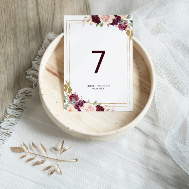 Gold Geometric Green Blush Burgundy Floral Wedding Table Number (Creator Uploaded)