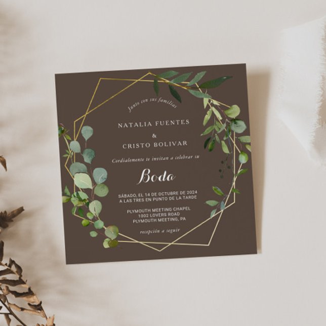 Gold Geometric Green Brown Spanish Wedding  Invitation (Creator Uploaded)