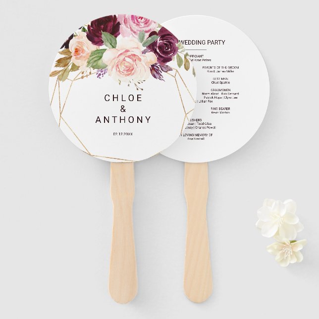 Gold Geometric Green Burgundy Floral Wedding Hand Fan (Front and Back)