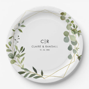 Gold Geometric Green Eucalyptus Wedding Paper Plate
