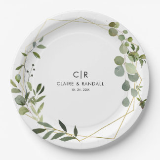 Gold Geometric Green Eucalyptus Wedding Paper Plate