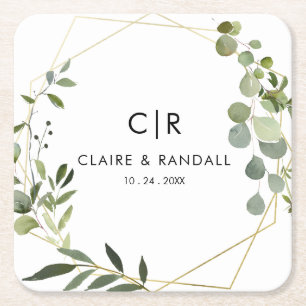 Gold Geometric Green Eucalyptus Wedding  Square Paper Coaster