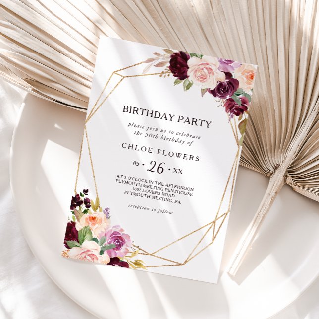 Gold Geometric Green Floral 50th Birthday Party Invitation (Creator Uploaded)