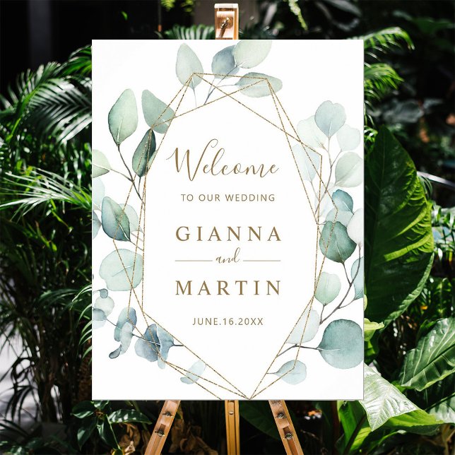 Gold Geometric Green Foliage Wedding Welcome Sign (Creator Uploaded)
