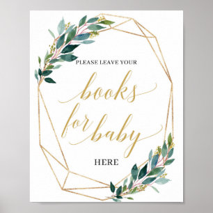 Gold geometric green leaves books for baby sign