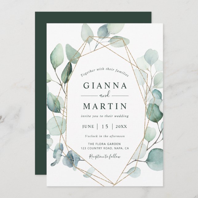 Gold Geometric Greenery Foliage Wedding Invitation (Front/Back)