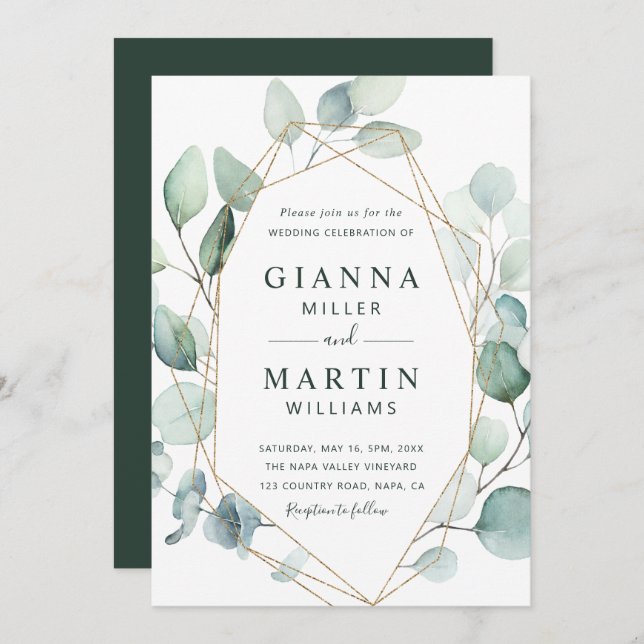 Gold Geometric Greenery Foliage Wedding Invitation (Front/Back)