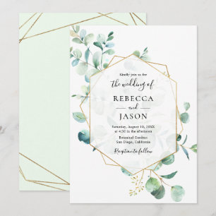 Gold Geometric Greenery Leaves Wedding Invitation