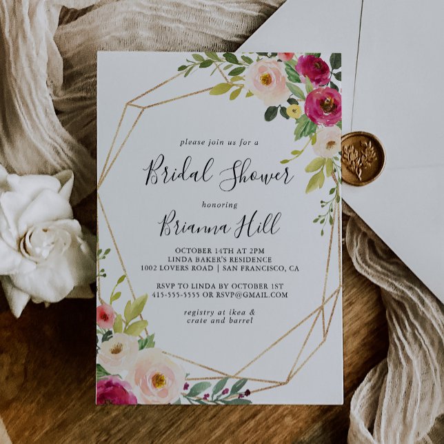Gold Geometric Greenery Pink Blush Bridal Shower Invitation (Creator Uploaded)