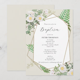 Gold Geometric Greenery White Roses Baptism Invitation