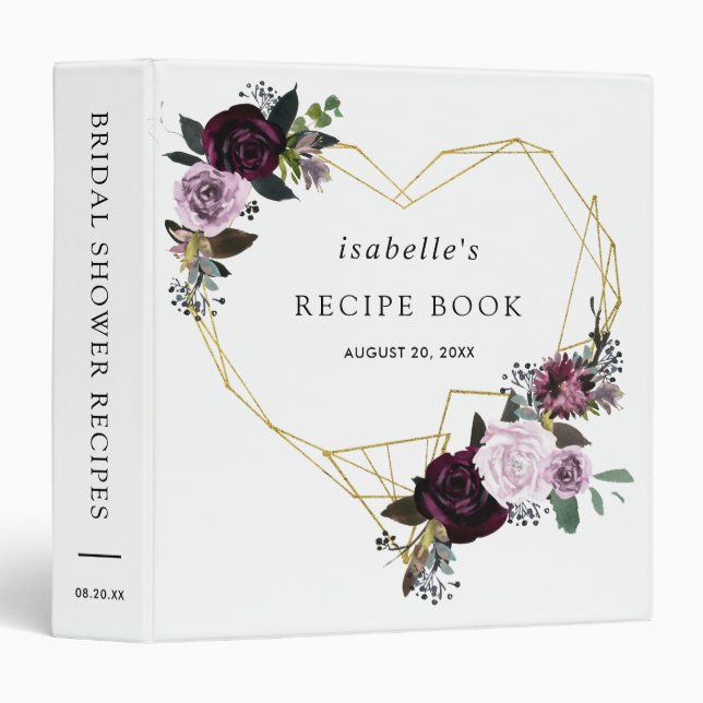 Gold Geometric Heart Purple Flowers Recipe Binder (Front/Spine)
