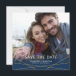 Gold Geometric Lines | Square Photo Save the Date<br><div class="desc">This square save the date wedding announcement card features a photo frame that fills the entire front of the card. A navy blue gradient and simple gold lines accent the bottom of the photo. Custom text allows you to add the names of the bride and groom and their upcoming wedding...</div>