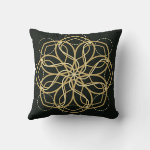 Gold Geometric Mandala Art Print – Dark Green Art Throw Pillow