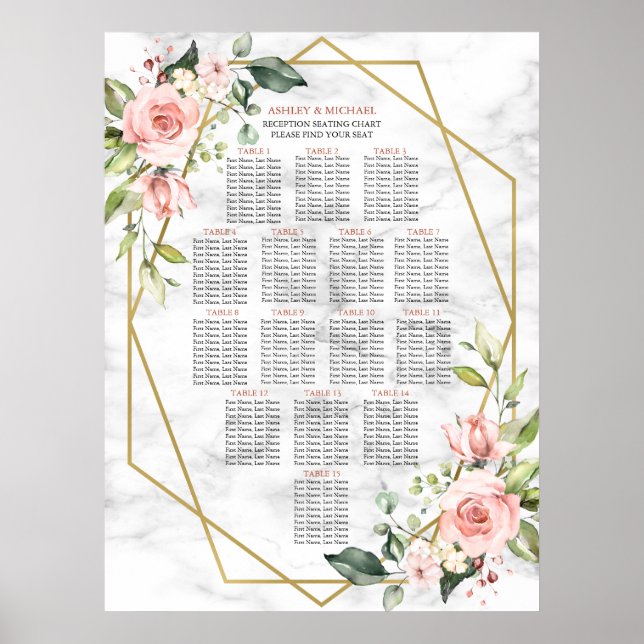 Gold Geometric Marble Pink Floral Seating Poster (Front)